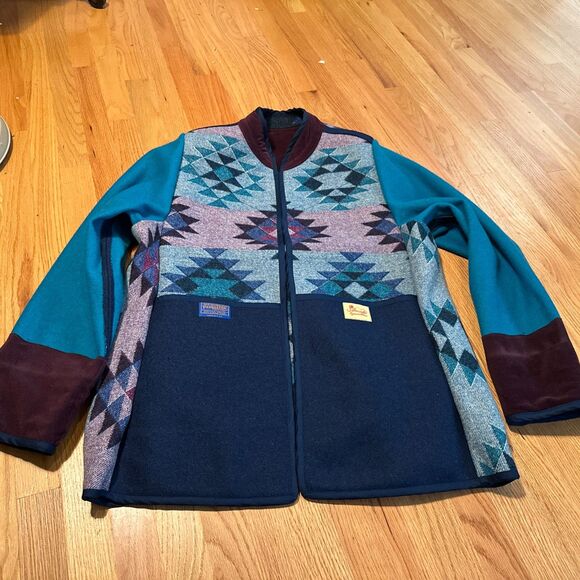 EUC Vintage Pendleton Unisex  Western Aztec Wool Long COAT Jacket RARE Teal Blue - Picture 2 of 11